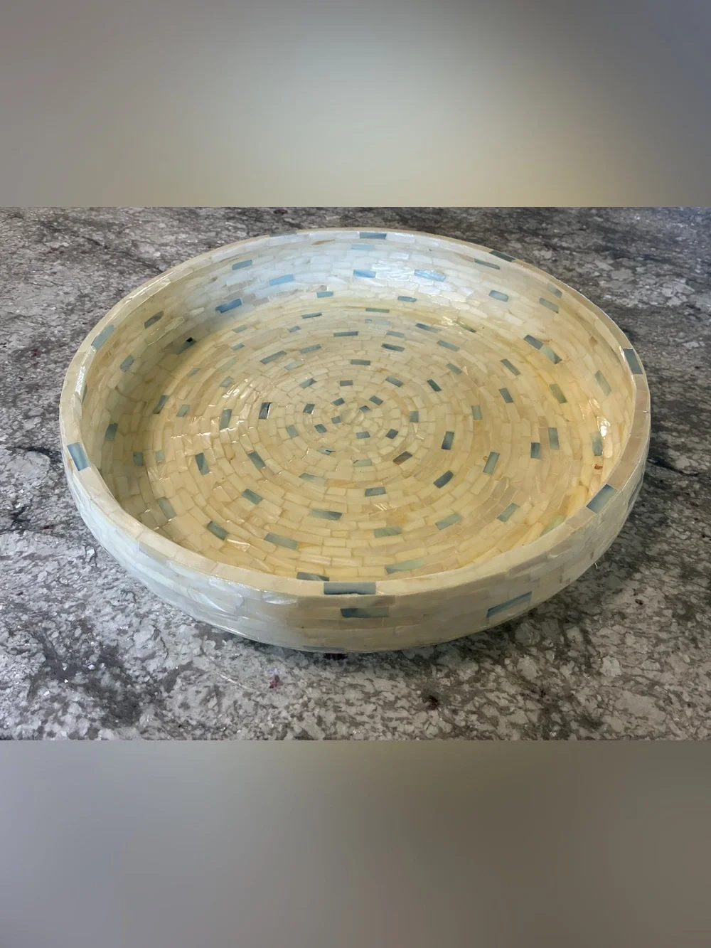 Pier 1 Imports Blue and White Mother of Pearl Round Serving Tray/Bowl.
